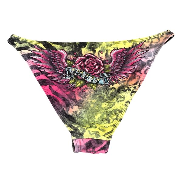 Sinful by Affliction Bikini Bottom Studded Heart Tiger Rhinestone Pink Yellow L - Picture 3 of 6